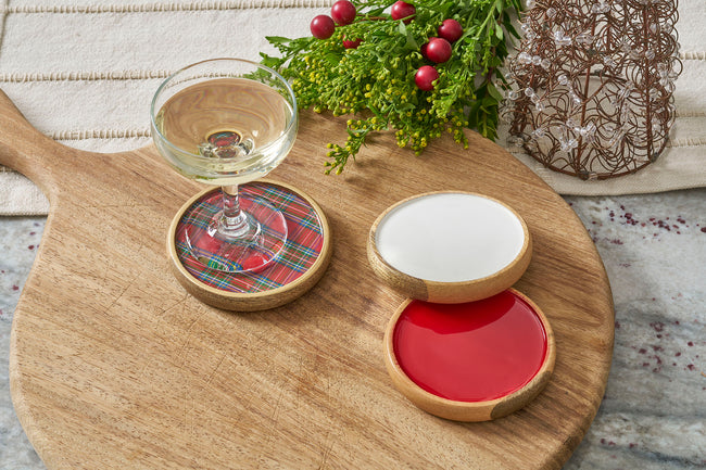 Tartan Plaid Coaster Set - Mango Wood & Enamel | Set of 4
