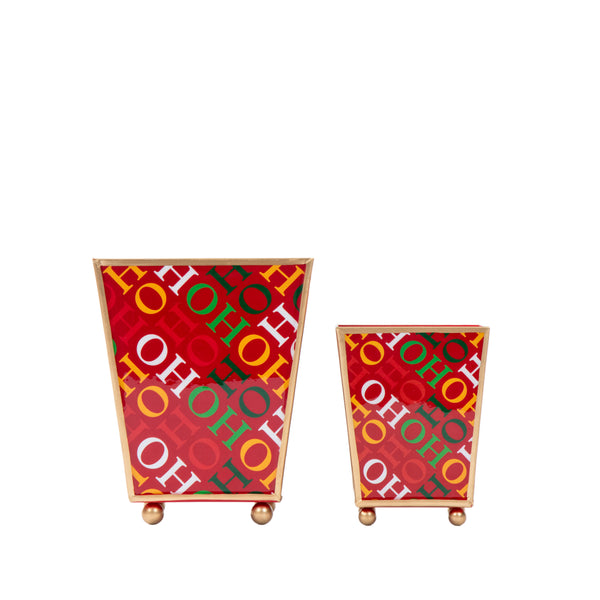 Ho Ho Enameled Square Cachepot Planter - Red