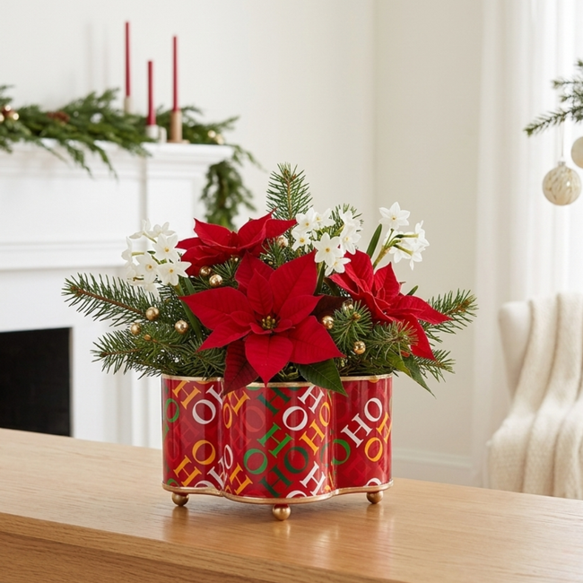 Ho Ho Enameled Quatrefoil Cachepot Planter 4x9 - Red