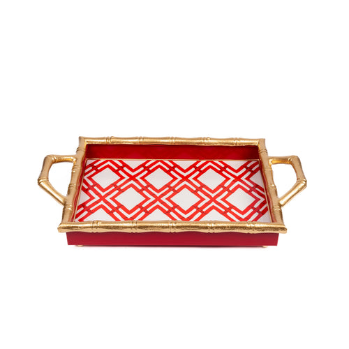 Cane Enameled Chang Mai Tray White & Red 10x14