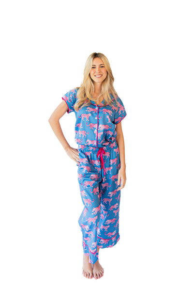 Pink Leopards Luxe Sateen Capri Pajama Set - Blue & Pink