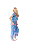 Pink Leopards Luxe Sateen Capri Pajama Set - Blue & Pink
