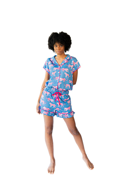Pink Leopards Luxe Ruffled Pajama Summer Set - Blue & Pink
