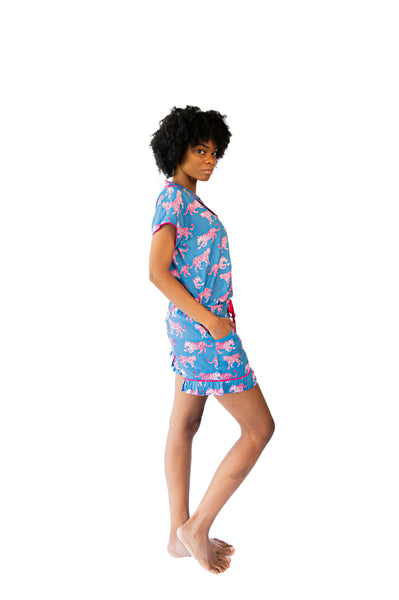 Pink Leopards Luxe Ruffled Pajama Summer Set - Blue & Pink