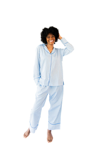 Ticking Stripe Luxe Sateen Full Pajama Set - Blue