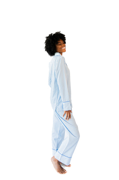 Ticking Stripe Luxe Sateen Full Pajama Set - Blue
