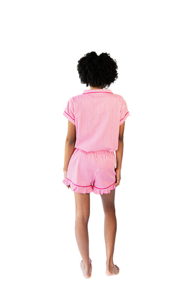Ticking Stripe Luxe Ruffled Pajama Summer Set - Pink