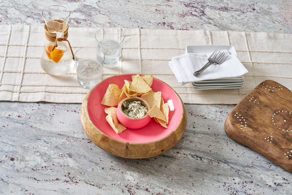 Gracie Chip & Dip Set - Mango Wood & Pink Enamel