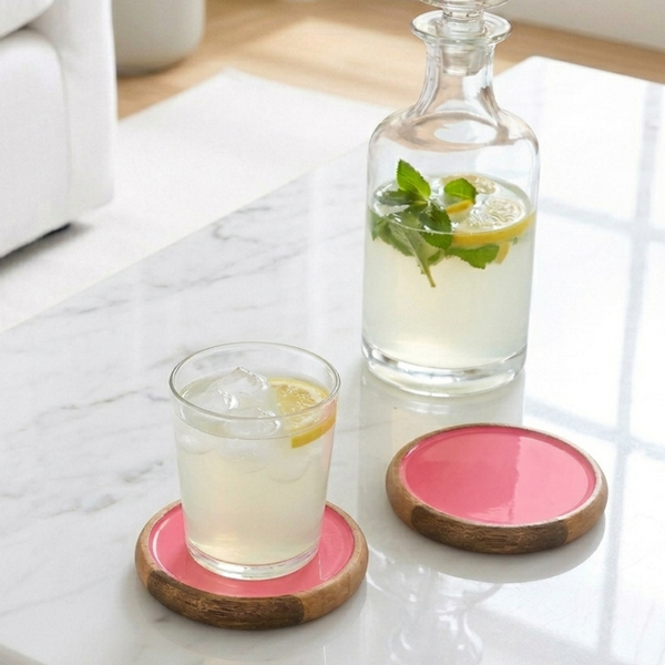 Gracie Coaster Set - Mango Wood & Pink Enamel | Set of 4