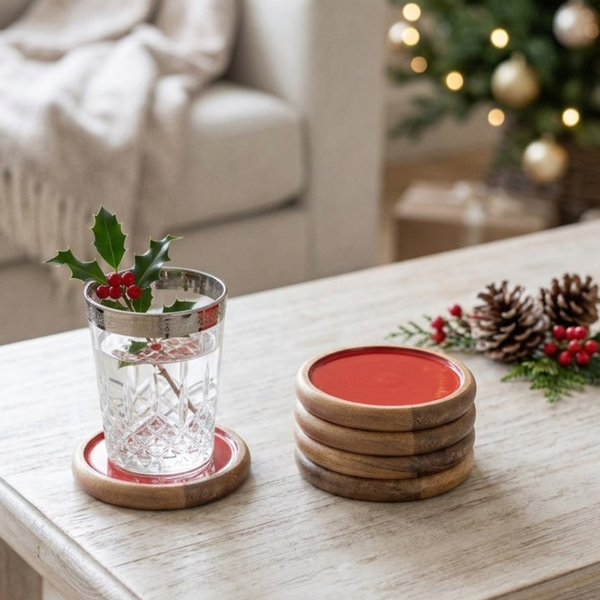 Gracie Coaster Set - Mango Wood & Red Enamel | Set of 4
