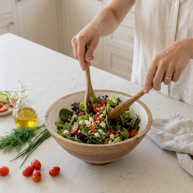 Gracie Salad Bowl - Mango Wood & White Enamel