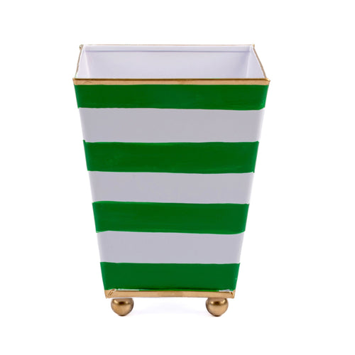 Horizontal Stripe Hand Painted Square Cachepot Planter White & Holiday Green