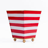 Horizontal Stripe Hand Painted Square Cachepot Planter White & Red